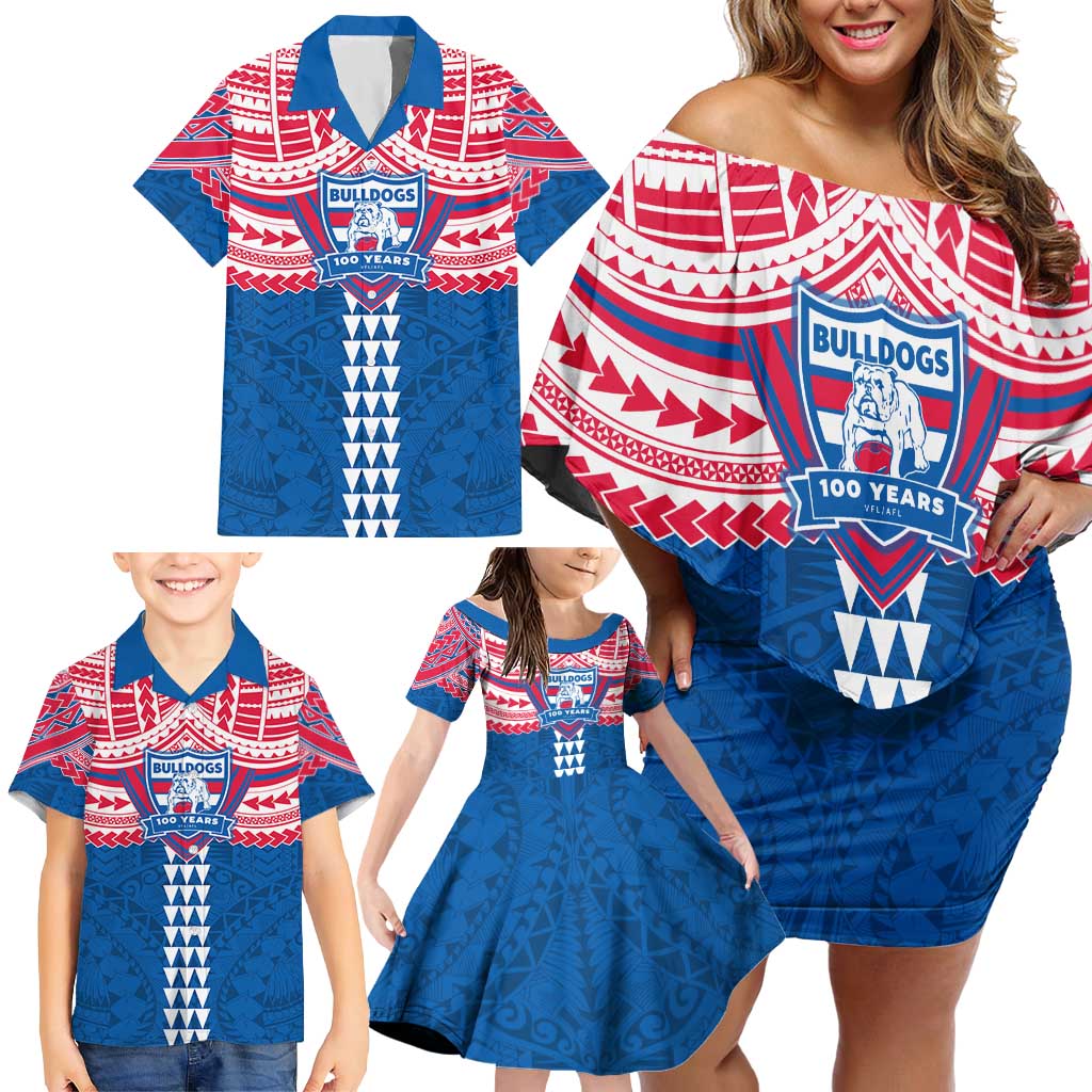 Personalized Western Bulldogs Family Matching Off Shoulder Short Dress and Hawaiian Shirt Polynesian Tribal Pattern Heritage Football