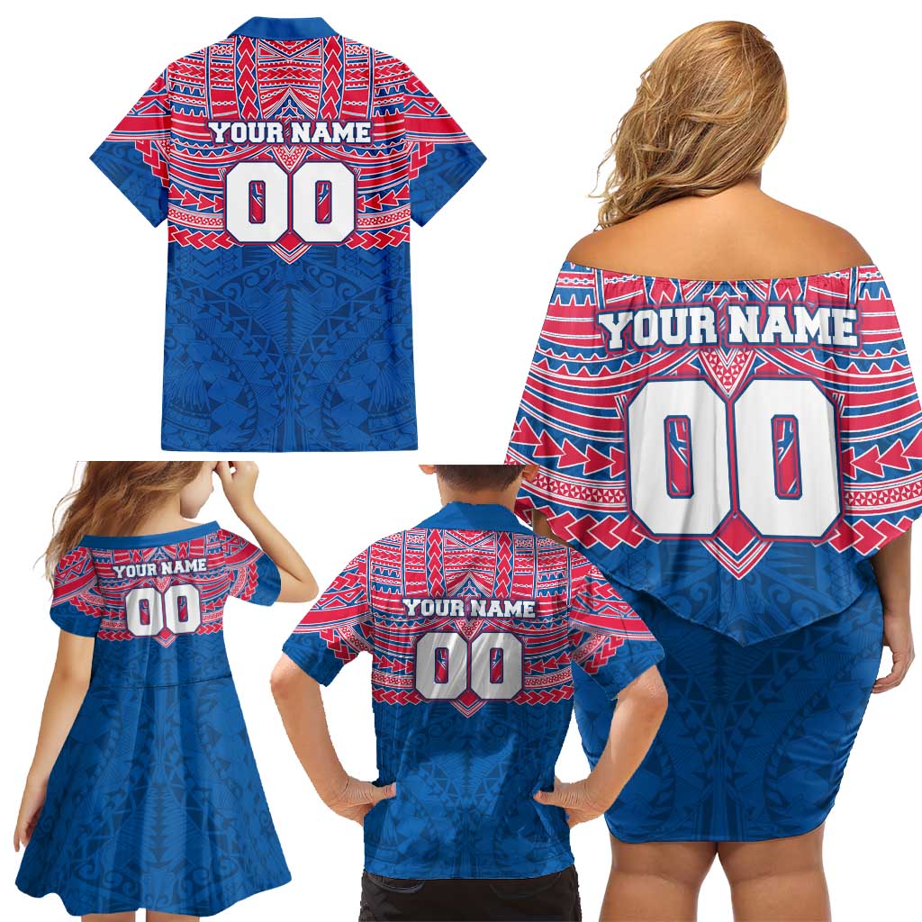 Personalized Western Bulldogs Family Matching Off Shoulder Short Dress and Hawaiian Shirt Polynesian Tribal Pattern Heritage Football