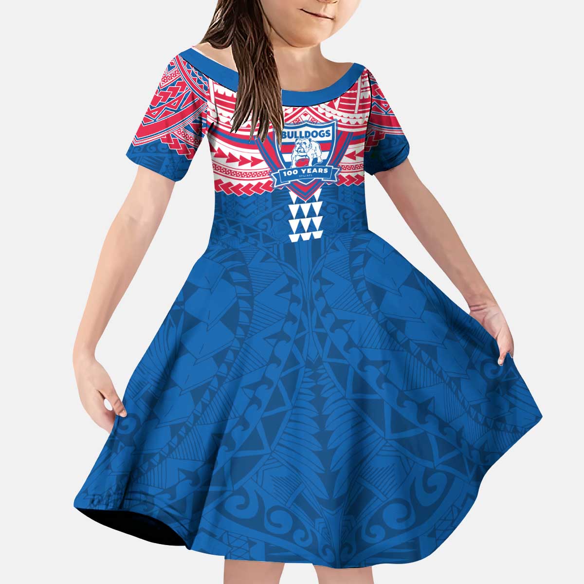 Personalized Western Bulldogs Kid Short Sleeve Dress Polynesian Tribal Pattern Heritage Football