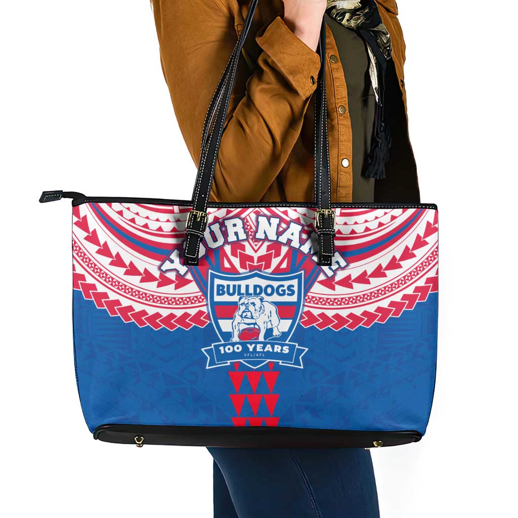 Personalized Western Bulldogs Leather Tote Bag Polynesian Tribal Pattern Heritage Football
