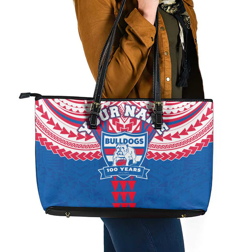Personalized Western Bulldogs Leather Tote Bag Polynesian Tribal Pattern Heritage Football