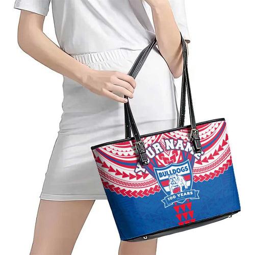 Personalized Western Bulldogs Leather Tote Bag Polynesian Tribal Pattern Heritage Football
