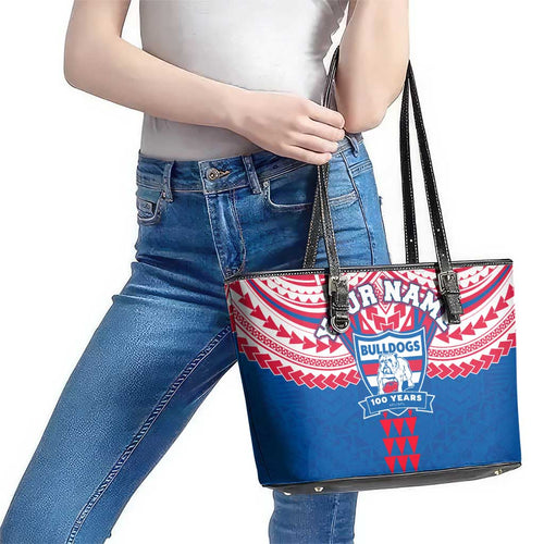 Personalized Western Bulldogs Leather Tote Bag Polynesian Tribal Pattern Heritage Football