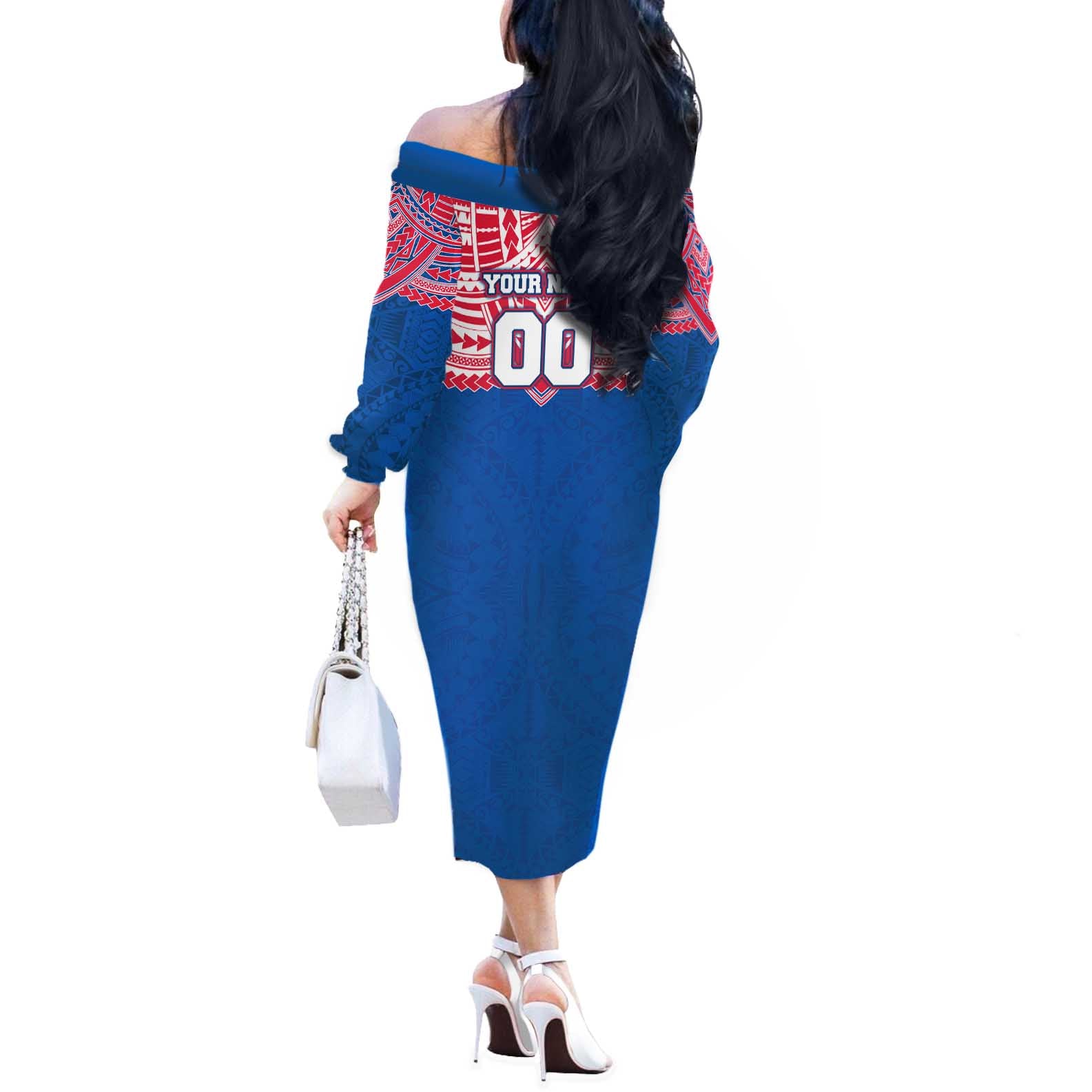 Personalized Western Bulldogs Off The Shoulder Long Sleeve Dress Polynesian Tribal Pattern Heritage Football