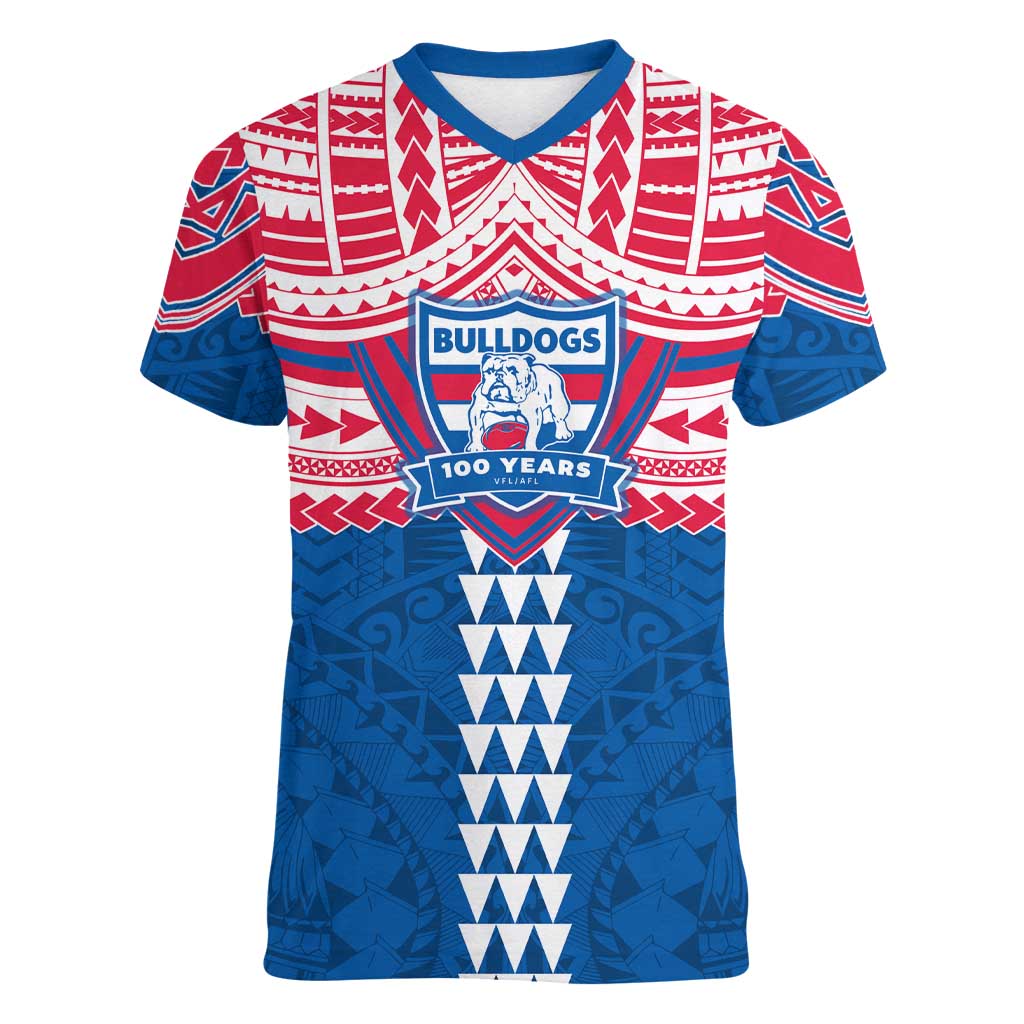 Personalized Western Bulldogs Women V-Neck T-Shirt Polynesian Tribal Pattern Heritage Football