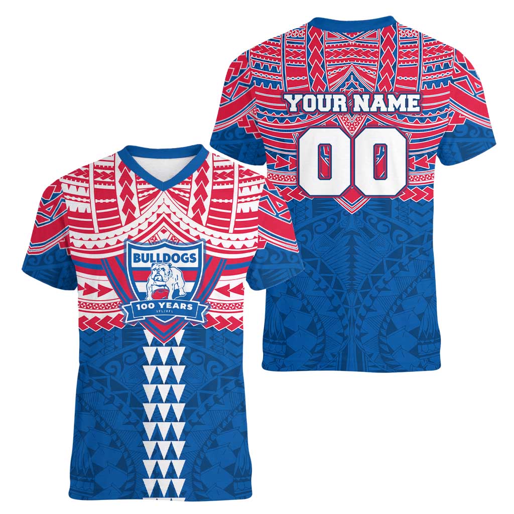 Personalized Western Bulldogs Women V-Neck T-Shirt Polynesian Tribal Pattern Heritage Football