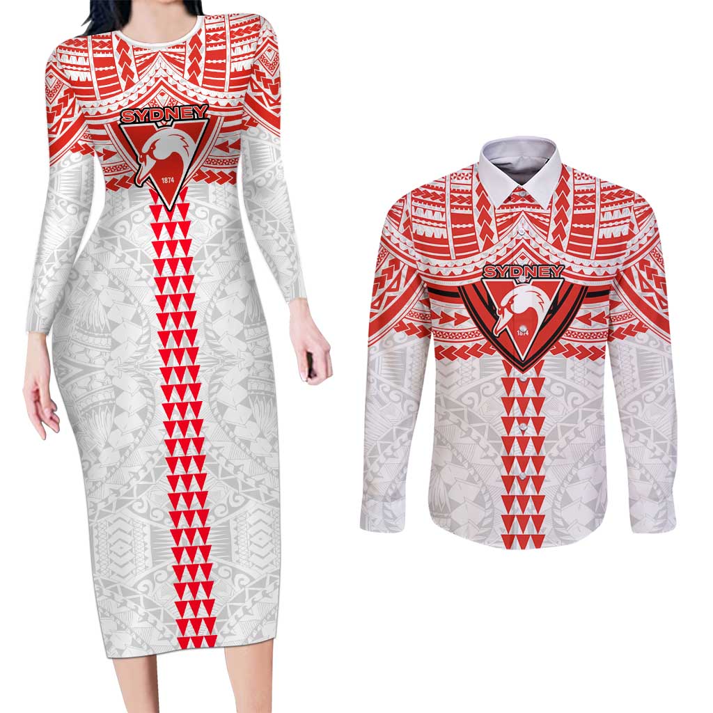 Personalized Sydney Swans Couples Matching Long Sleeve Bodycon Dress and Long Sleeve Button Shirt Polynesian Tribal Pattern Heritage Football
