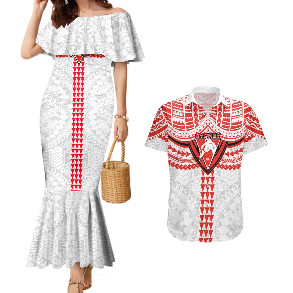 Personalized Sydney Swans Couples Matching Mermaid Dress and Hawaiian Shirt Polynesian Tribal Pattern Heritage Football
