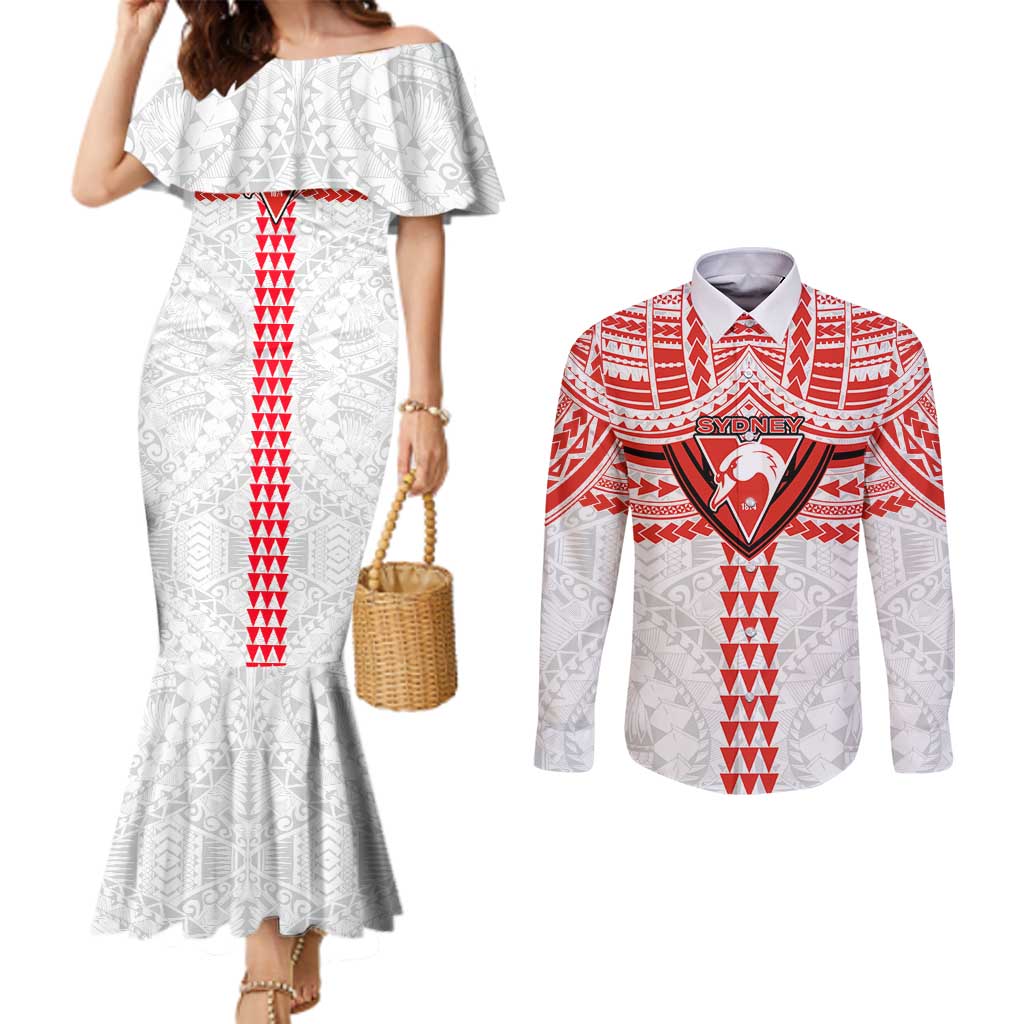 Personalized Sydney Swans Couples Matching Mermaid Dress and Long Sleeve Button Shirt Polynesian Tribal Pattern Heritage Football
