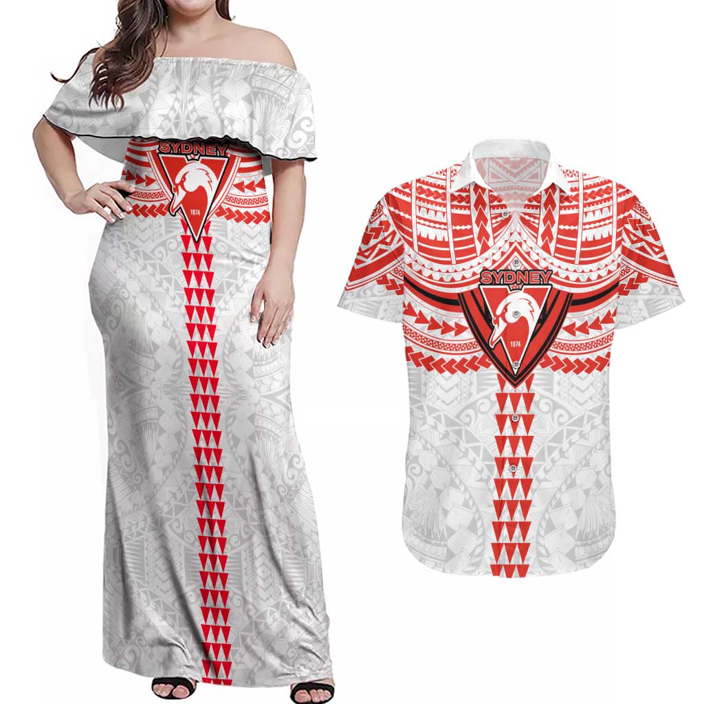 Personalized Sydney Swans Couples Matching Off Shoulder Maxi Dress and Hawaiian Shirt Polynesian Tribal Pattern Heritage Football