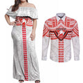 Personalized Sydney Swans Couples Matching Off Shoulder Maxi Dress and Long Sleeve Button Shirt Polynesian Tribal Pattern Heritage Football