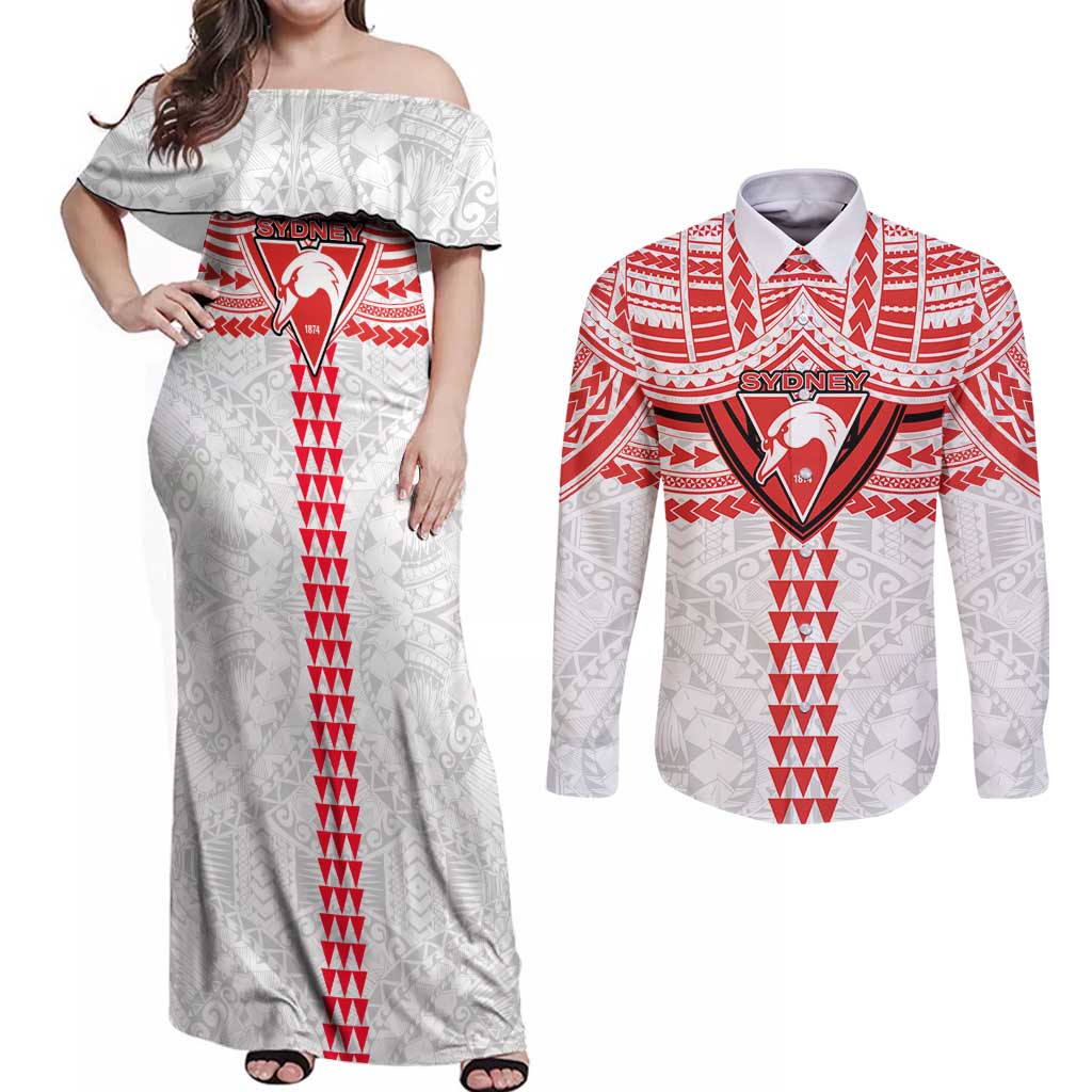 Personalized Sydney Swans Couples Matching Off Shoulder Maxi Dress and Long Sleeve Button Shirt Polynesian Tribal Pattern Heritage Football
