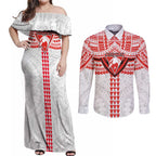 Personalized Sydney Swans Couples Matching Off Shoulder Maxi Dress and Long Sleeve Button Shirt Polynesian Tribal Pattern Heritage Football