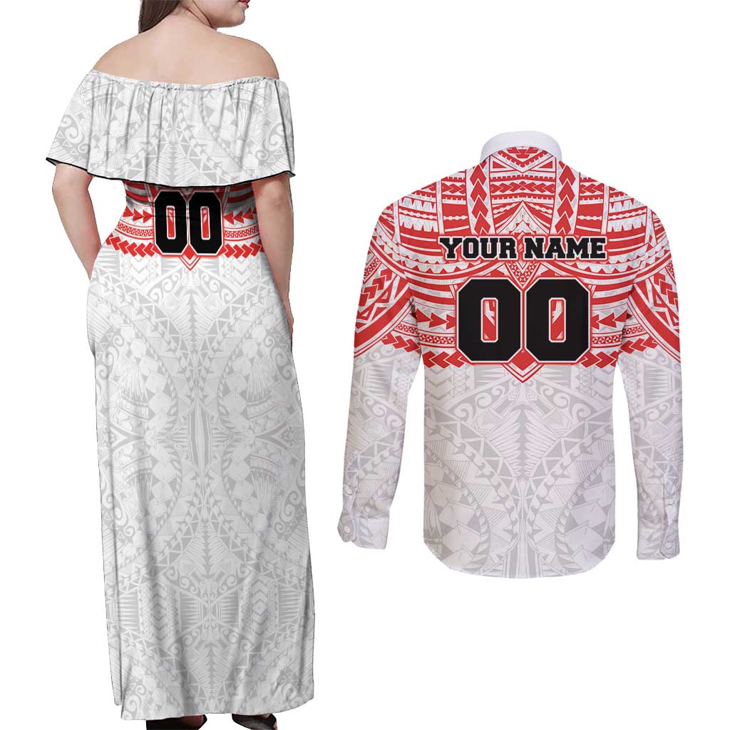 Personalized Sydney Swans Couples Matching Off Shoulder Maxi Dress and Long Sleeve Button Shirt Polynesian Tribal Pattern Heritage Football