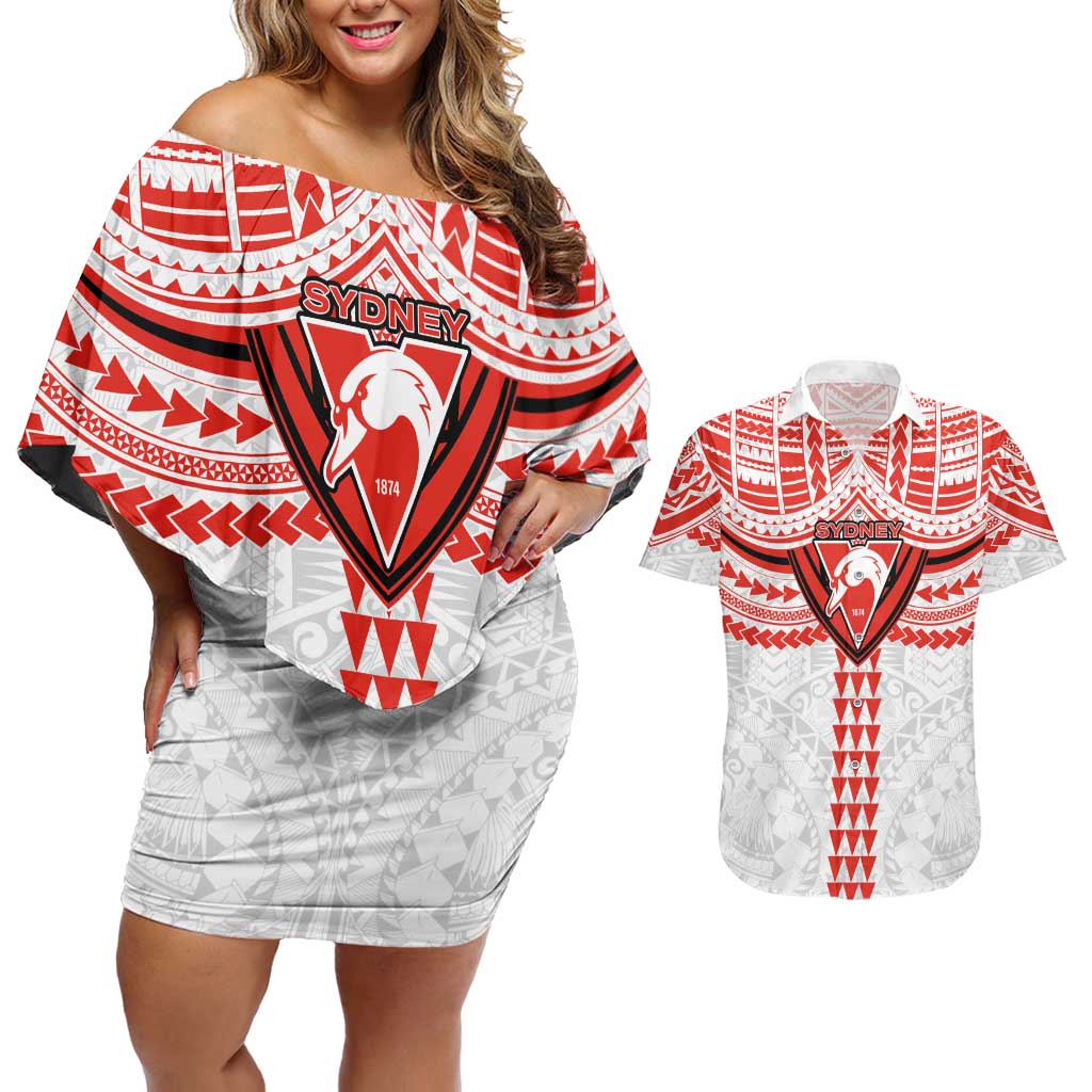Personalized Sydney Swans Couples Matching Off Shoulder Short Dress and Hawaiian Shirt Polynesian Tribal Pattern Heritage Football