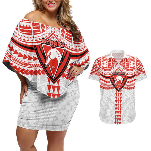 Personalized Sydney Swans Couples Matching Off Shoulder Short Dress and Hawaiian Shirt Polynesian Tribal Pattern Heritage Football