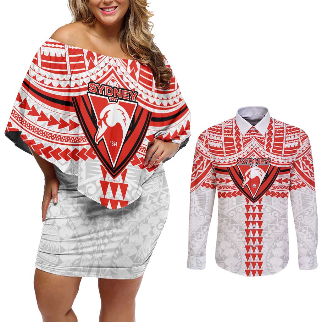 Personalized Sydney Swans Couples Matching Off Shoulder Short Dress and Long Sleeve Button Shirt Polynesian Tribal Pattern Heritage Football