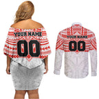 Personalized Sydney Swans Couples Matching Off Shoulder Short Dress and Long Sleeve Button Shirt Polynesian Tribal Pattern Heritage Football