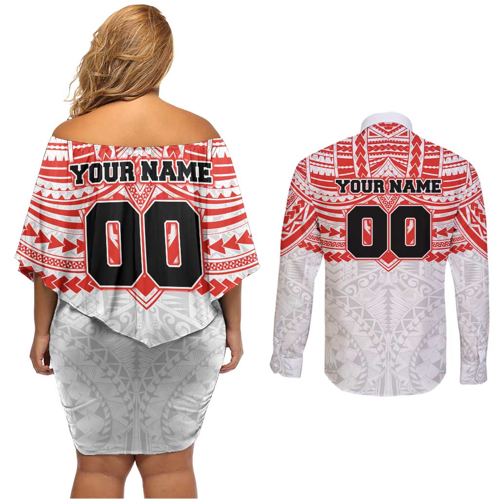 Personalized Sydney Swans Couples Matching Off Shoulder Short Dress and Long Sleeve Button Shirt Polynesian Tribal Pattern Heritage Football