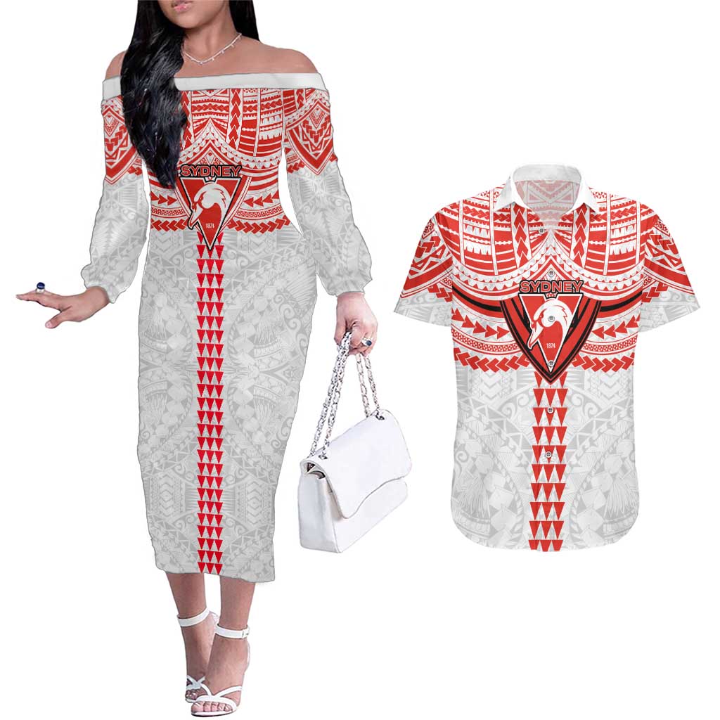 Personalized Sydney Swans Couples Matching Off The Shoulder Long Sleeve Dress and Hawaiian Shirt Polynesian Tribal Pattern Heritage Football