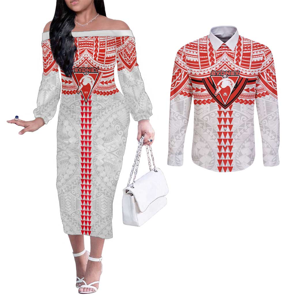 Personalized Sydney Swans Couples Matching Off The Shoulder Long Sleeve Dress and Long Sleeve Button Shirt Polynesian Tribal Pattern Heritage Football