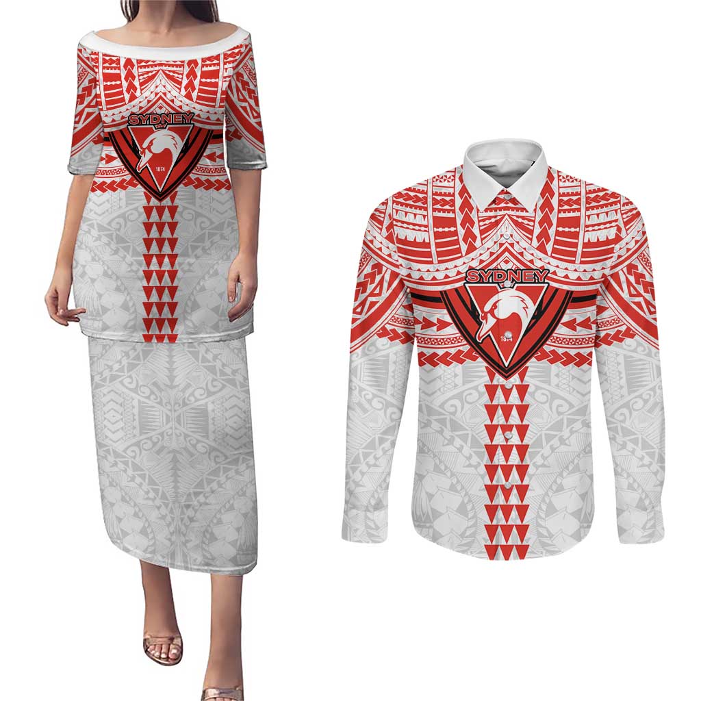 Personalized Sydney Swans Couples Matching Puletasi and Long Sleeve Button Shirt Polynesian Tribal Pattern Heritage Football