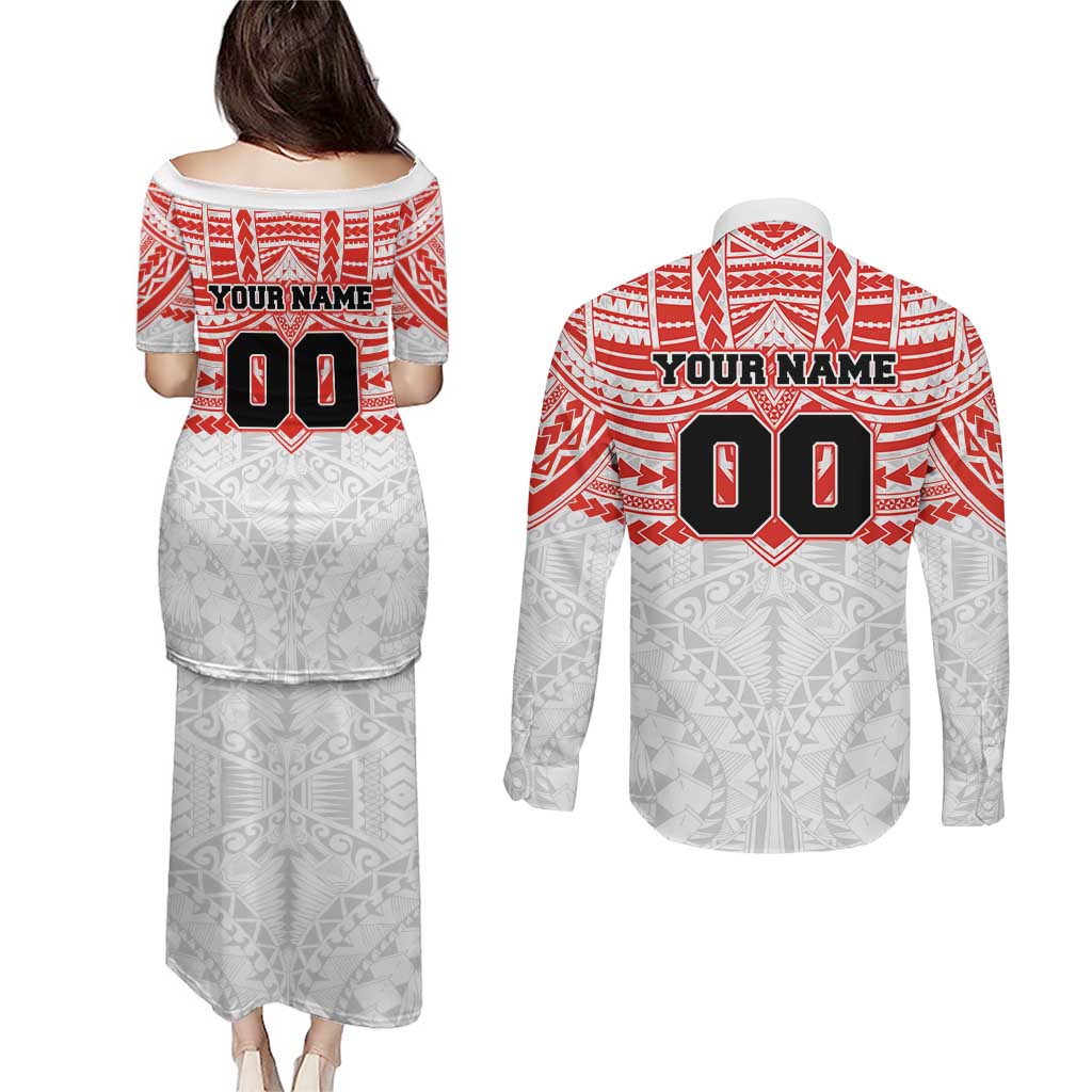 Personalized Sydney Swans Couples Matching Puletasi and Long Sleeve Button Shirt Polynesian Tribal Pattern Heritage Football