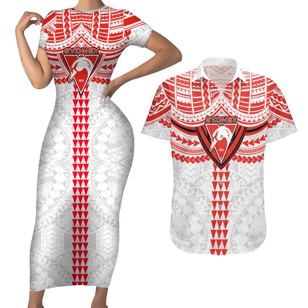 Personalized Sydney Swans Couples Matching Short Sleeve Bodycon Dress and Hawaiian Shirt Polynesian Tribal Pattern Heritage Football