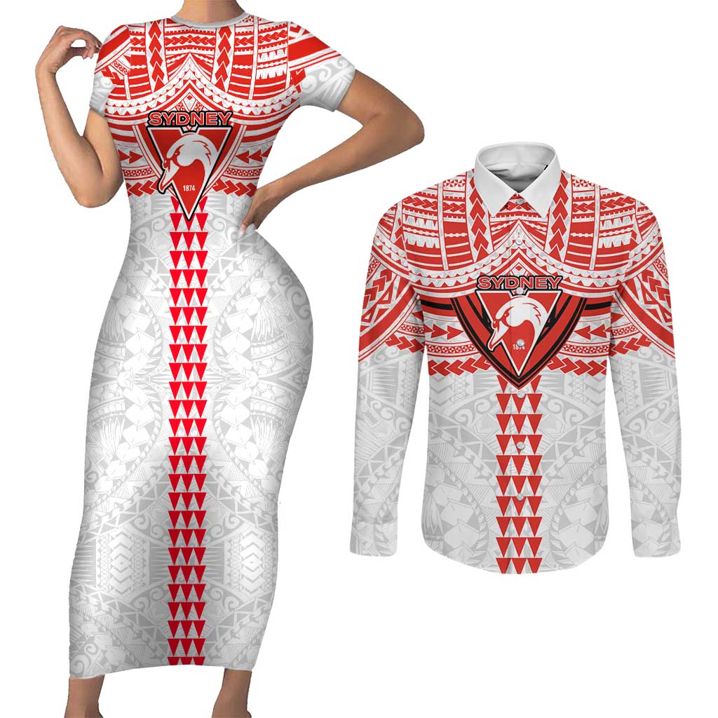 Personalized Sydney Swans Couples Matching Short Sleeve Bodycon Dress and Long Sleeve Button Shirt Polynesian Tribal Pattern Heritage Football