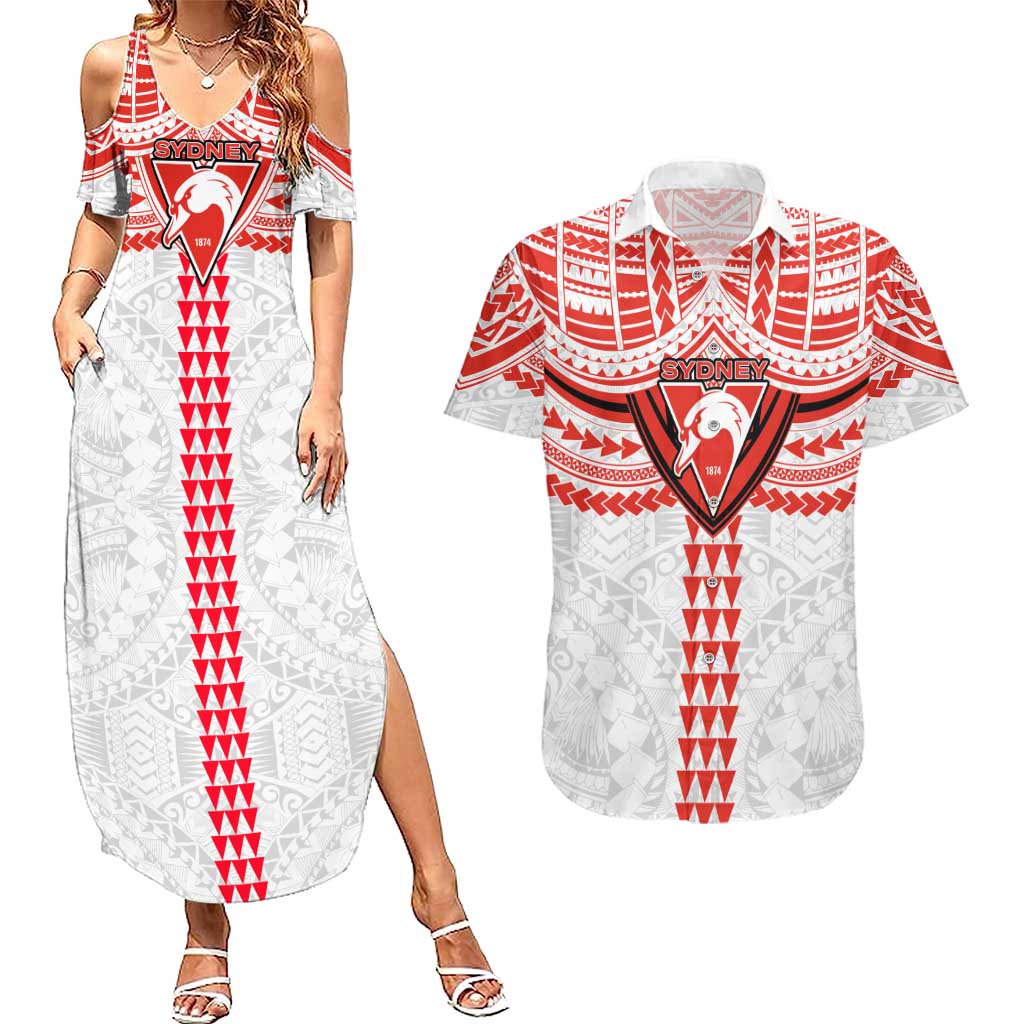 Personalized Sydney Swans Couples Matching Summer Maxi Dress and Hawaiian Shirt Polynesian Tribal Pattern Heritage Football
