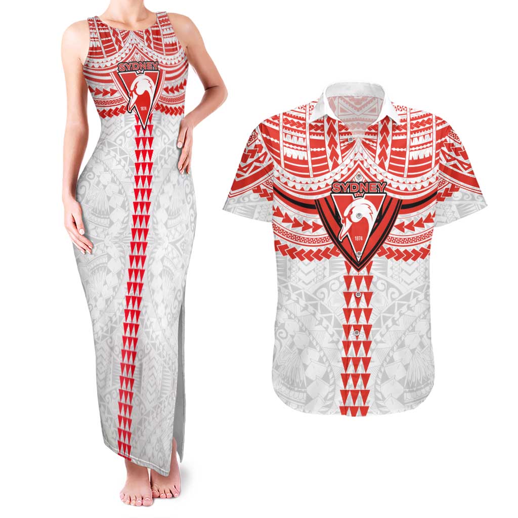 Personalized Sydney Swans Couples Matching Tank Maxi Dress and Hawaiian Shirt Polynesian Tribal Pattern Heritage Football