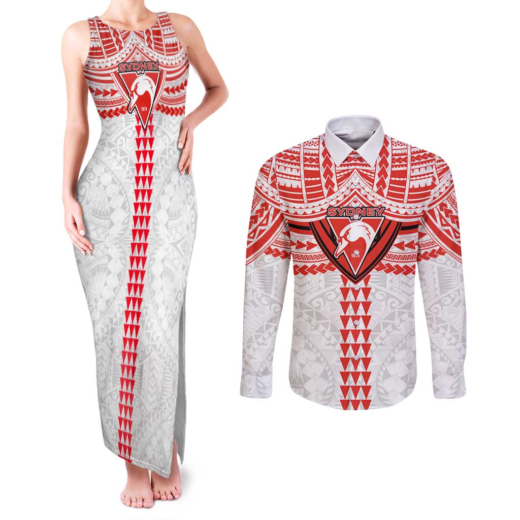 Personalized Sydney Swans Couples Matching Tank Maxi Dress and Long Sleeve Button Shirt Polynesian Tribal Pattern Heritage Football