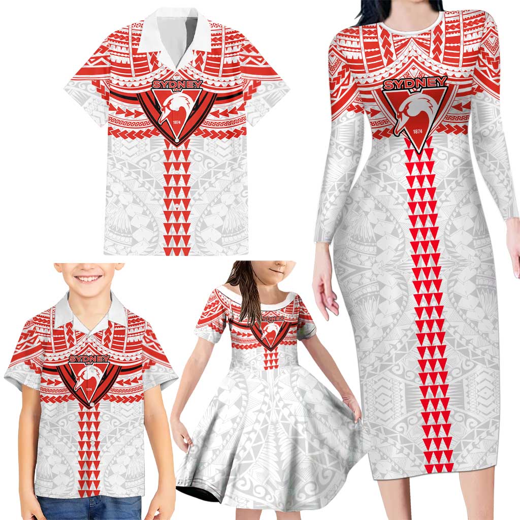 Personalized Sydney Swans Family Matching Long Sleeve Bodycon Dress and Hawaiian Shirt Polynesian Tribal Pattern Heritage Football