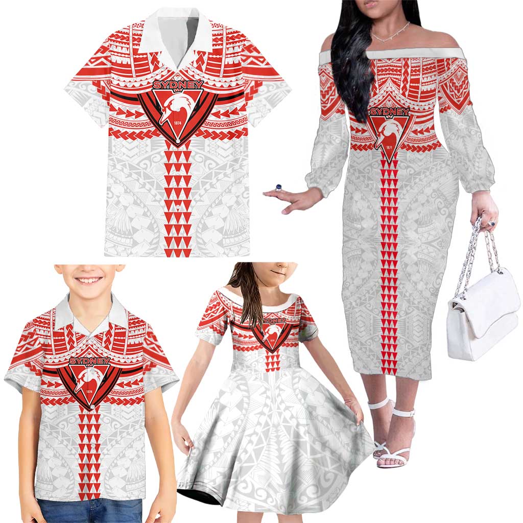 Personalized Sydney Swans Family Matching Off The Shoulder Long Sleeve Dress and Hawaiian Shirt Polynesian Tribal Pattern Heritage Football