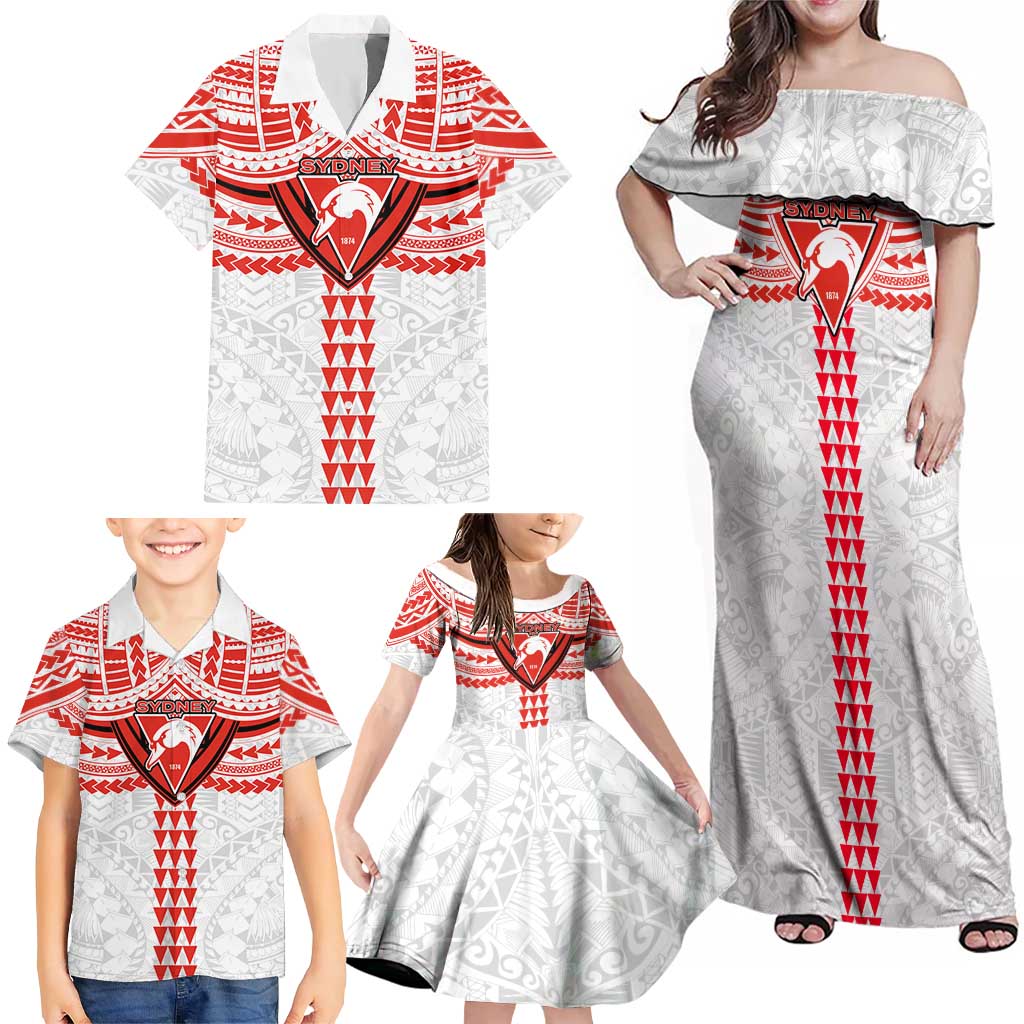 Personalized Sydney Swans Family Matching Off Shoulder Maxi Dress and Hawaiian Shirt Polynesian Tribal Pattern Heritage Football