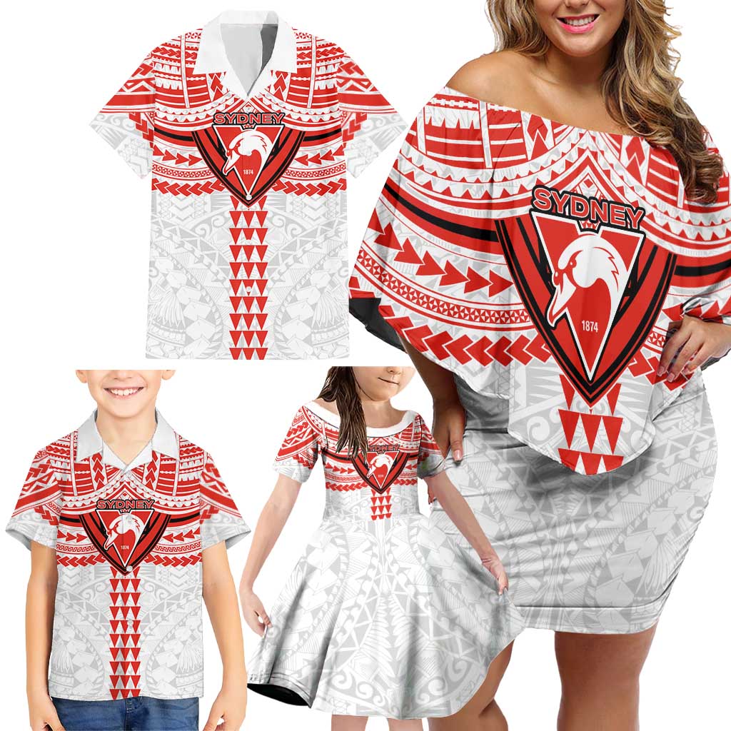 Personalized Sydney Swans Family Matching Off Shoulder Short Dress and Hawaiian Shirt Polynesian Tribal Pattern Heritage Football