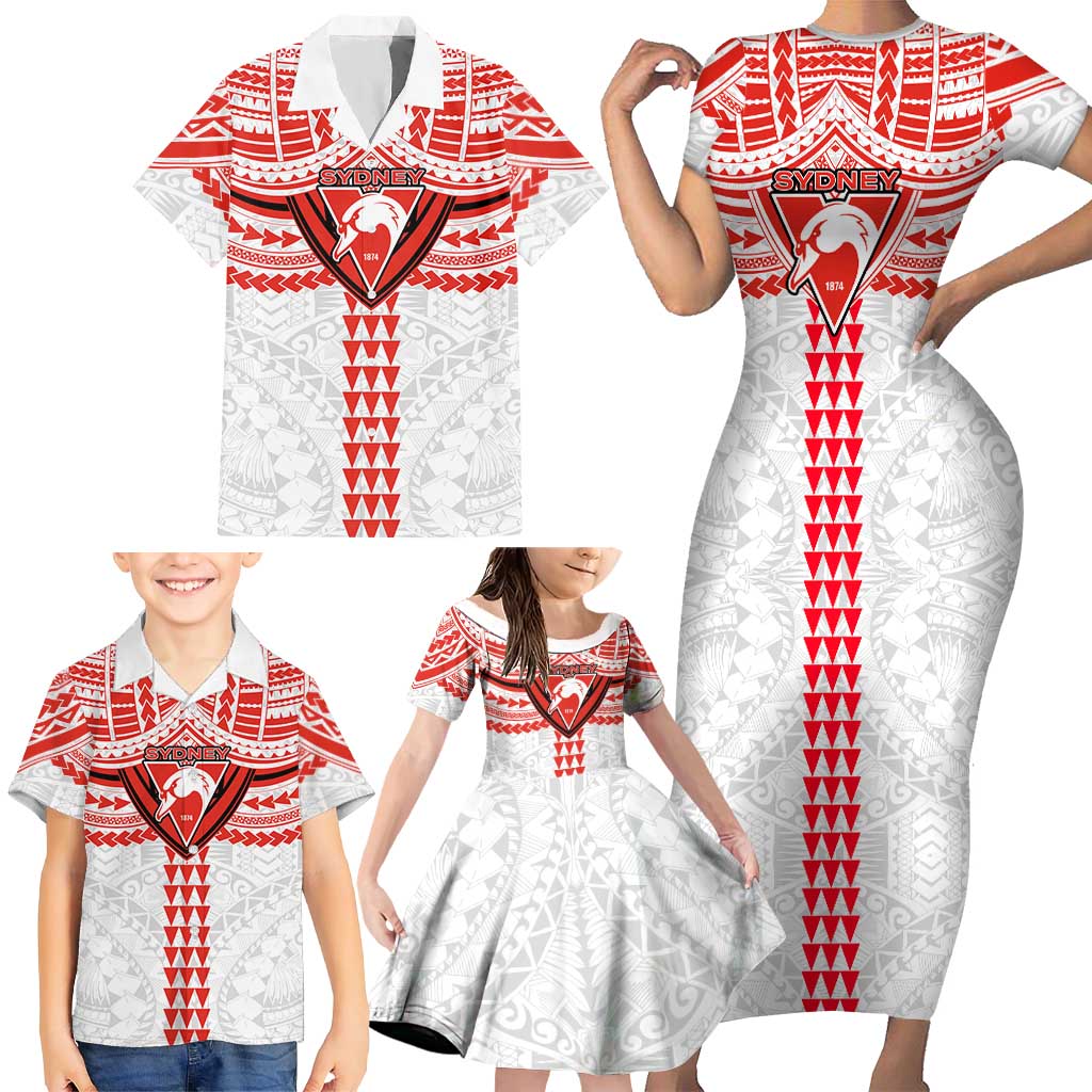 Personalized Sydney Swans Family Matching Short Sleeve Bodycon Dress and Hawaiian Shirt Polynesian Tribal Pattern Heritage Football
