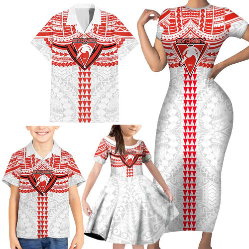 Personalized Sydney Swans Family Matching Short Sleeve Bodycon Dress and Hawaiian Shirt Polynesian Tribal Pattern Heritage Football