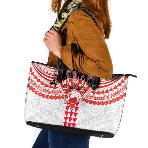 Personalized Sydney Swans Leather Tote Bag Polynesian Tribal Pattern Heritage Football