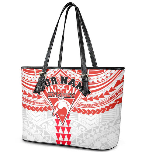 Personalized Sydney Swans Leather Tote Bag Polynesian Tribal Pattern Heritage Football