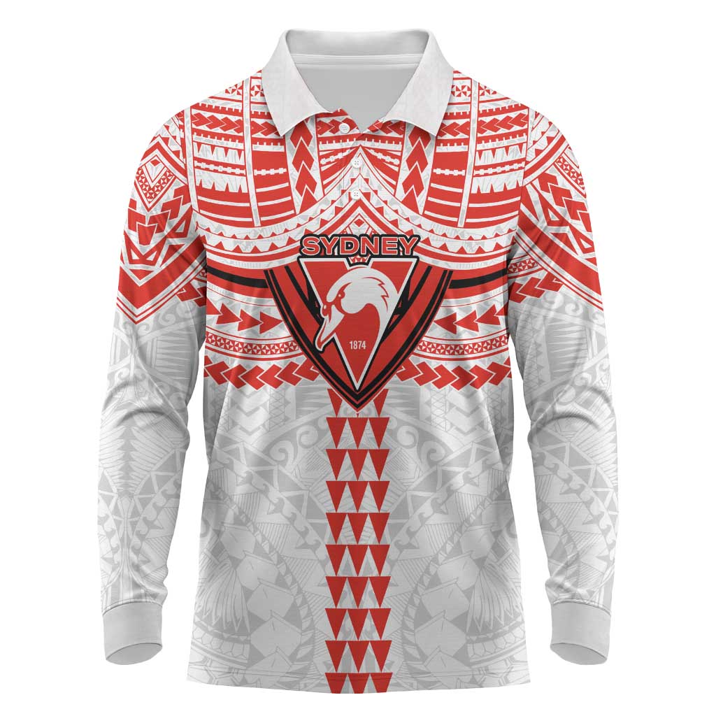 Personalized Sydney Swans Long Sleeve Polo Shirt Polynesian Tribal Pattern Heritage Football