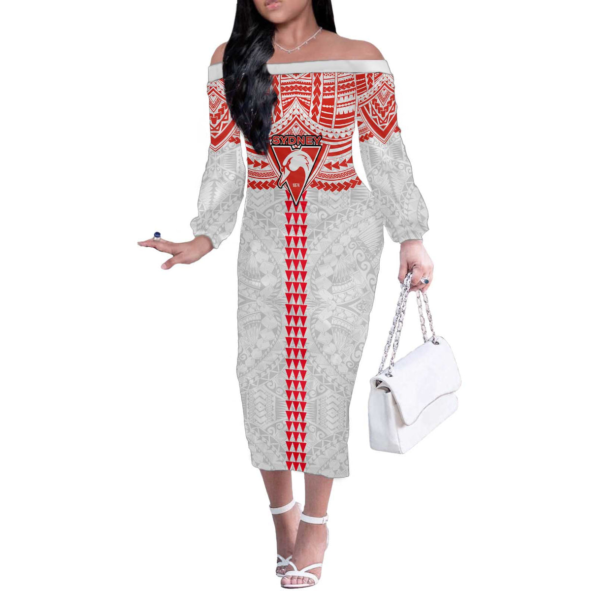 Personalized Sydney Swans Off The Shoulder Long Sleeve Dress Polynesian Tribal Pattern Heritage Football