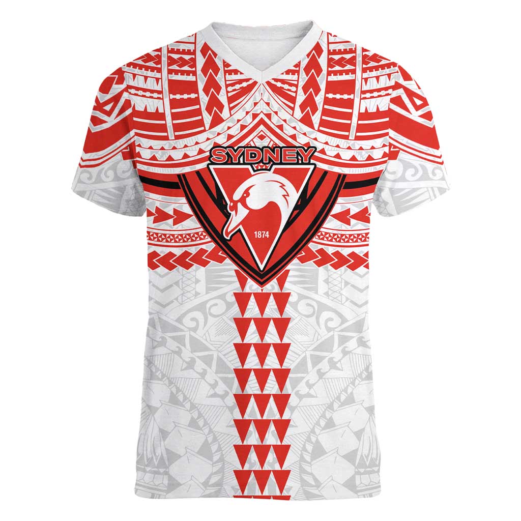 Personalized Sydney Swans Women V-Neck T-Shirt Polynesian Tribal Pattern Heritage Football