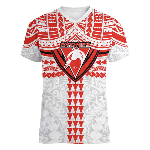 Personalized Sydney Swans Women V-Neck T-Shirt Polynesian Tribal Pattern Heritage Football