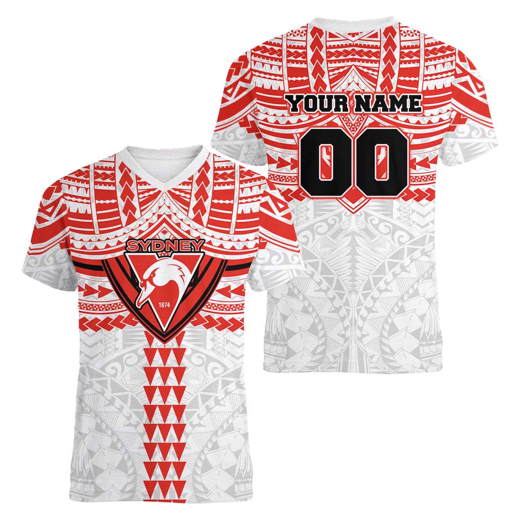 Personalized Sydney Swans Women V-Neck T-Shirt Polynesian Tribal Pattern Heritage Football