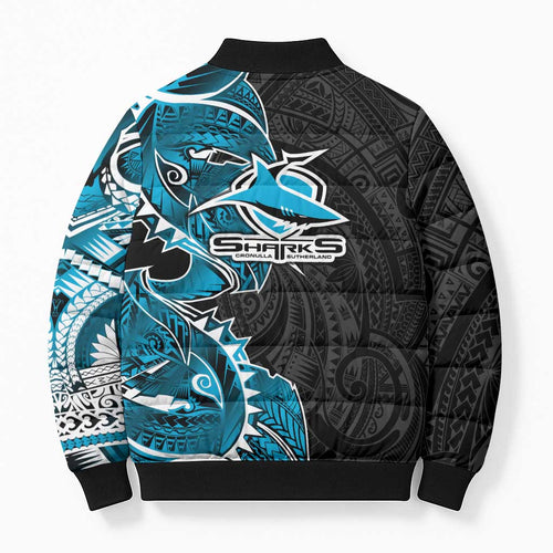 Cronulla Sharks Bomber Puffer Jacket Polynesian Tribal Tattoo Pacific Sport Art