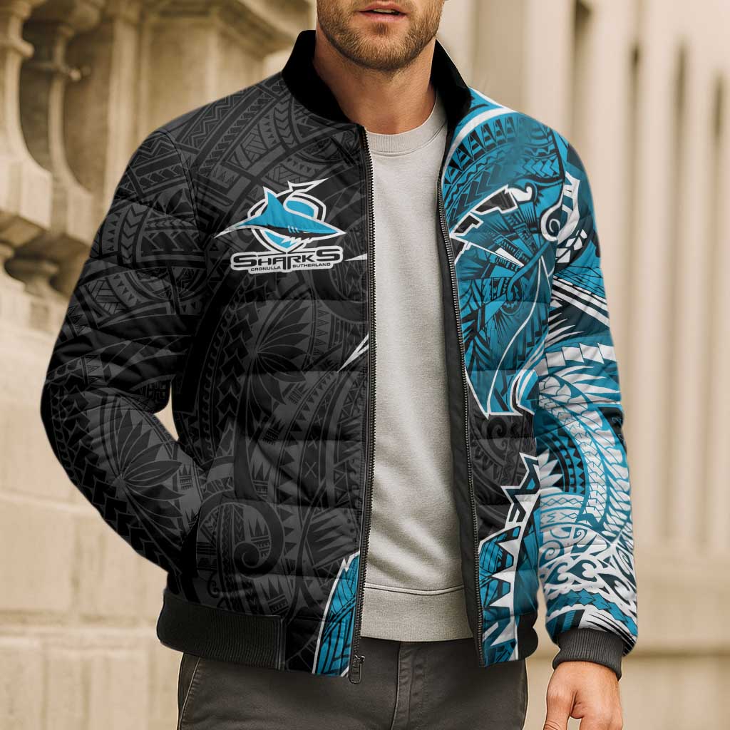 Cronulla Sharks Bomber Puffer Jacket Polynesian Tribal Tattoo Pacific Sport Art