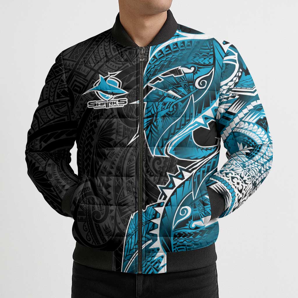 Cronulla Sharks Bomber Puffer Jacket Polynesian Tribal Tattoo Pacific Sport Art