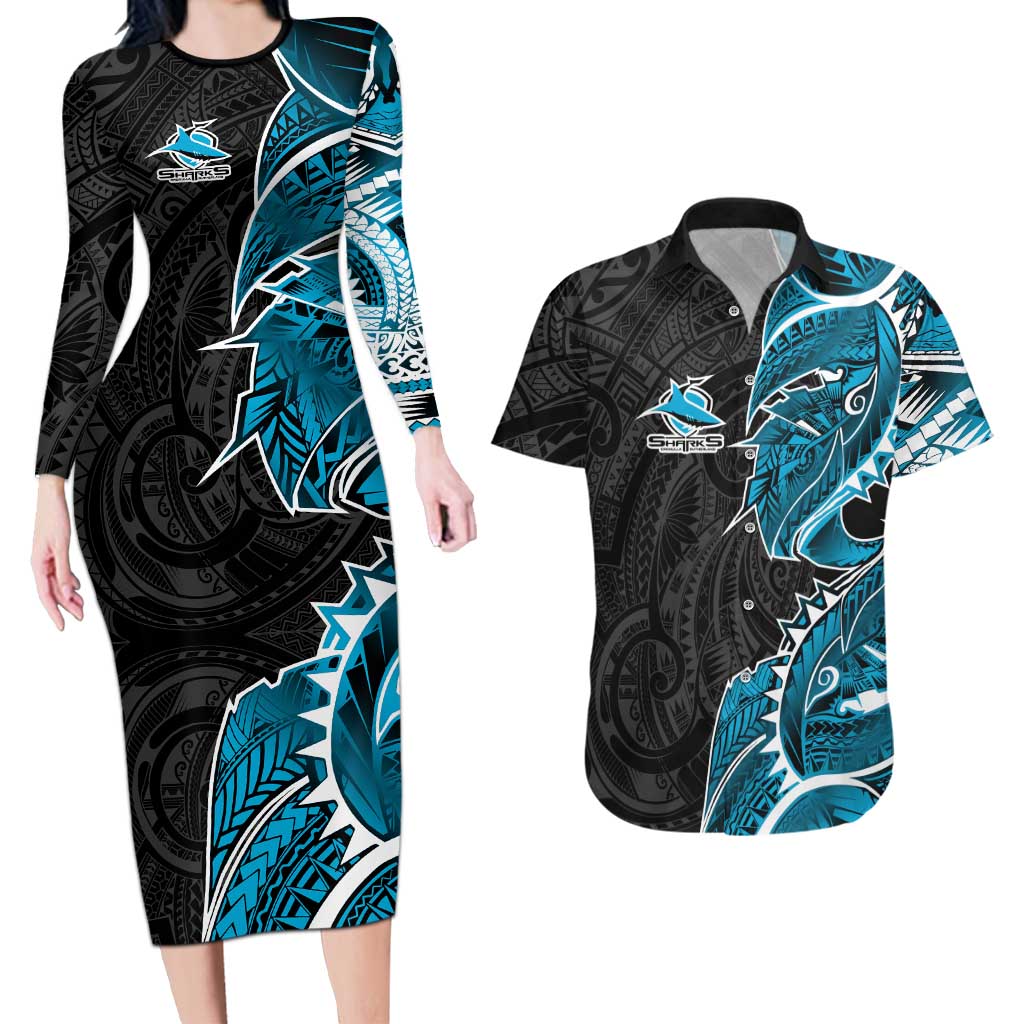 Cronulla Sharks Couples Matching Long Sleeve Bodycon Dress and Hawaiian Shirt Polynesian Tribal Tattoo Pacific Sport Art