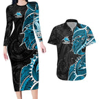 Cronulla Sharks Couples Matching Long Sleeve Bodycon Dress and Hawaiian Shirt Polynesian Tribal Tattoo Pacific Sport Art